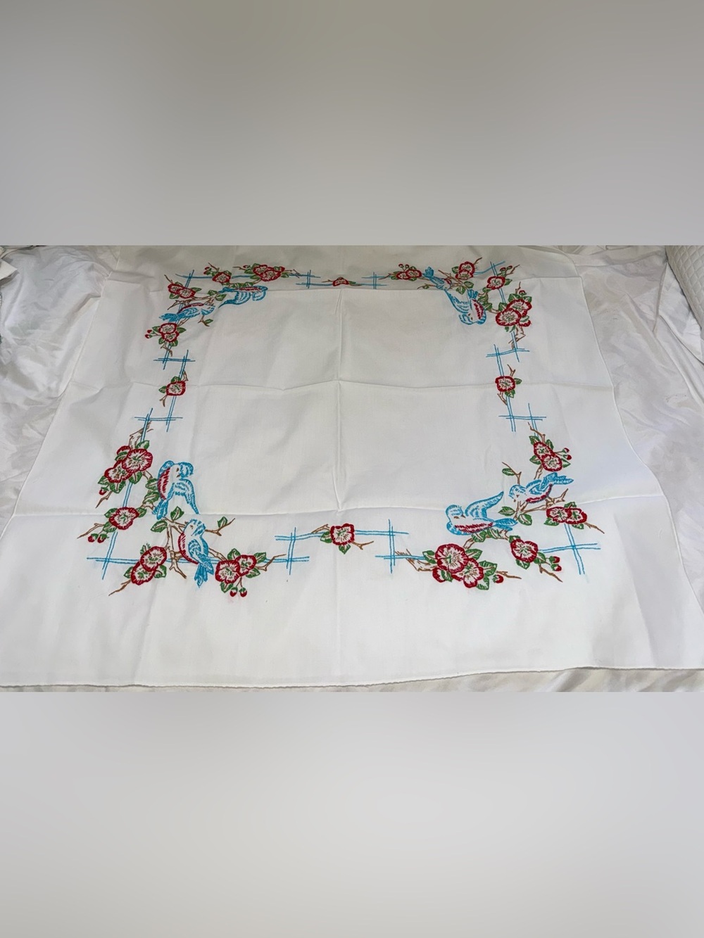 Vtg White Embroidered Floral Tablecloth with Blue Bird Motif